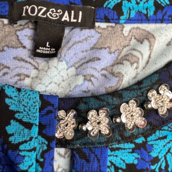 Roz & Ali Sleeveless Career Style Blue Floral Print Blouse - Size L - Picture 4 of 6